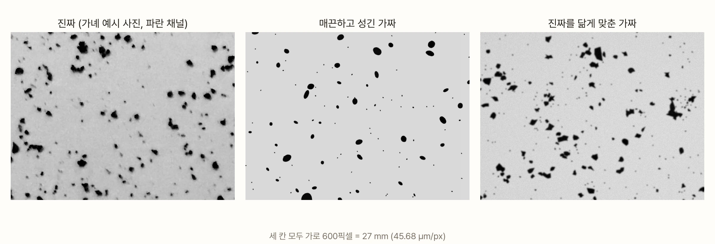 세 칸으로 나란히 놓은 흑백 사진. 왼쪽은 가녜 예시 사진의 파란 채널로, 각지고 울퉁불퉁한 검은 입자들이 여러 개씩 무리 지어 있다. 가운데 '매끈하고 성긴 가짜'는 매끈한 검은 타원들이 고르게 흩어져 있다. 오른쪽 '진짜를 닮게 맞춘 가짜'는 각진 조각들이 무리를 이루며 흩어져 있고 가장자리가 조금 흐리다