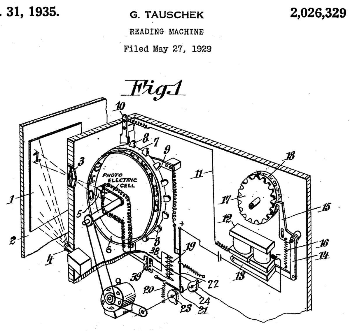 Figure 1 of Tauschek's patent US 2,026,329. On the left a printed digit card and a lens; in the middle a cell labelled "PHOTO ELECTRIC CELL" surrounded by a rotating disc with digit-shaped holes; on the right a toothed wheel and electromagnet that record the digit. At the top: "Dec. 31, 1935. G. TAUSCHEK READING MACHINE Filed May 27, 1929"
