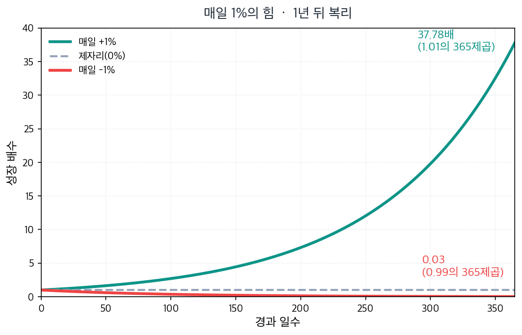 매일 1% 개선과 1% 퇴보가 1년 뒤 만드는 복리 격차