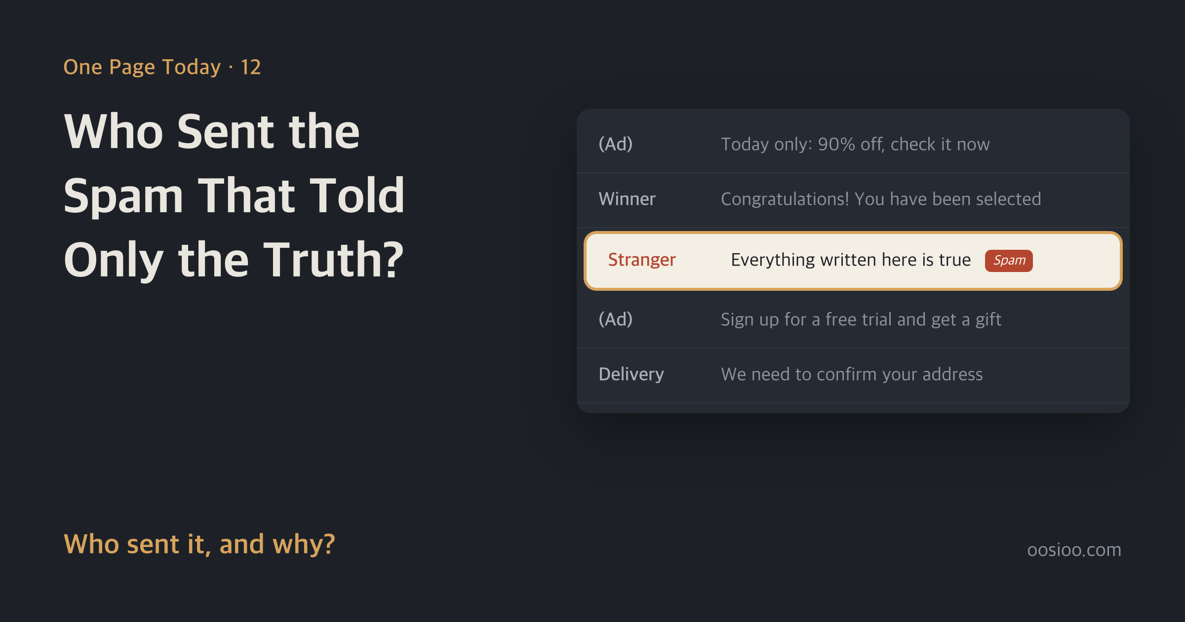 On a dark background, the title "Who Sent the Spam That Told Only the Truth?" appears on the left, with a mock inbox list on the right. Among ads and prize notifications, a single email, "Stranger · Everything written here is true," is brightly highlighted and tagged as spam
