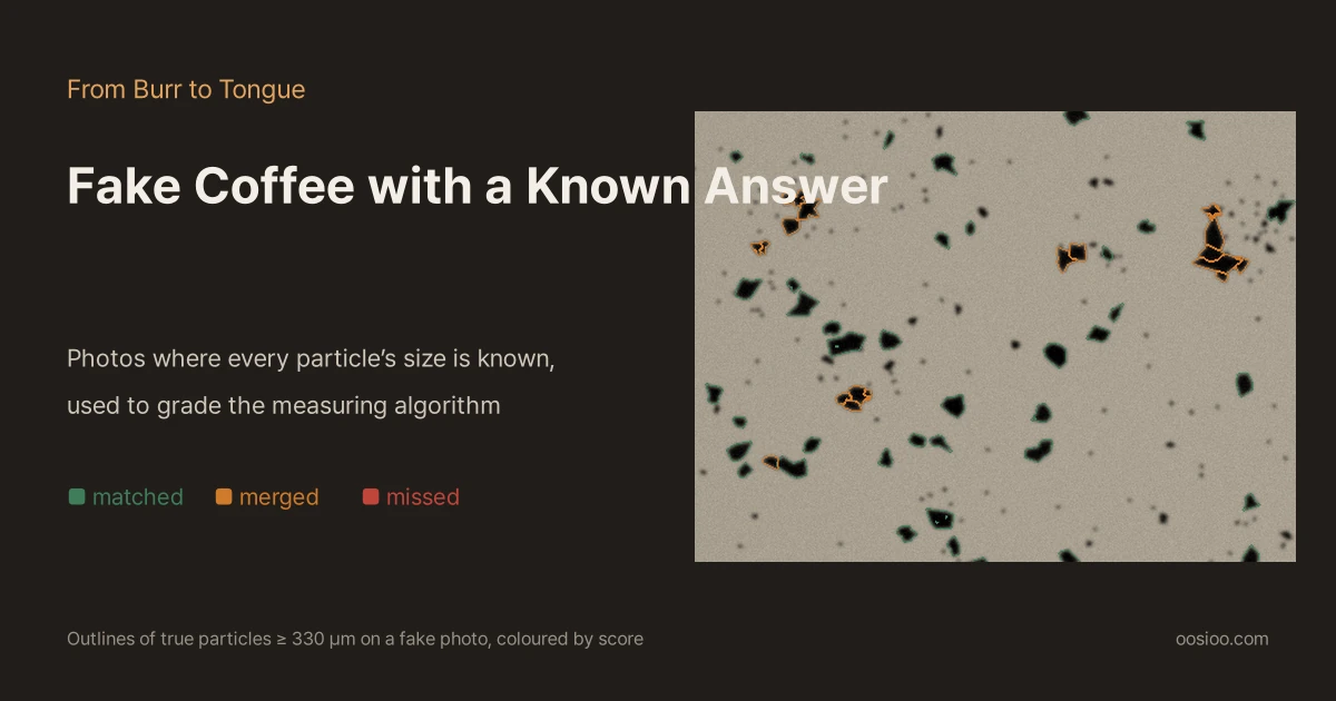 Dark background with the titles "From Burr to Tongue" and "Fake Coffee with a Known Answer" and a legend of matched, merged and missed on the left; on the right, a fake coffee photo with true particle outlines coloured green (matched) and orange (merged)