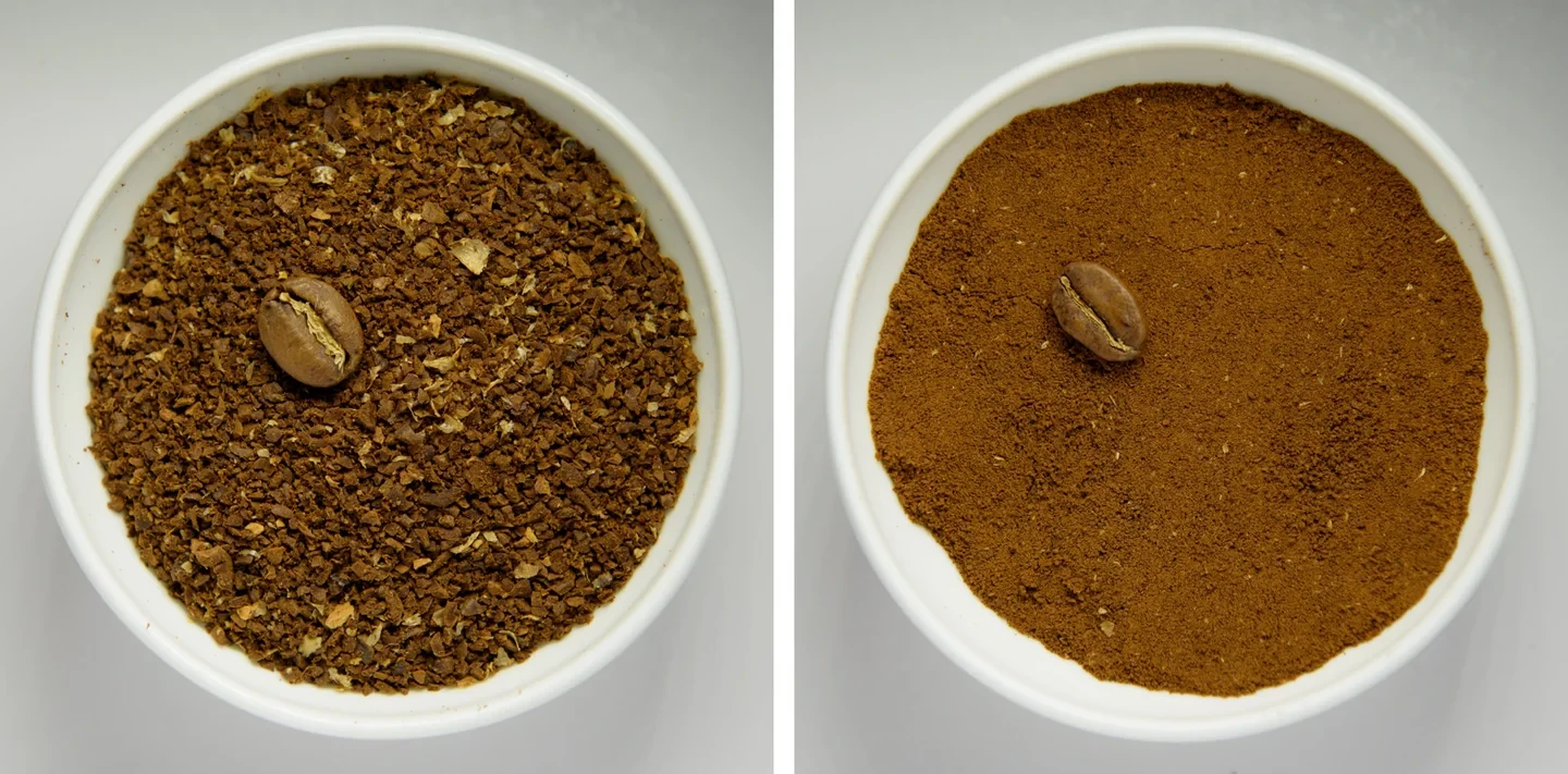 Two identically sized white bowls, each holding about 14 g of ground coffee with a single whole bean placed in the center. The one on the left is coarsely ground, with uneven particle sizes and flecks of light-colored husk mixed in. The one on the right is finely ground, resembling fine soil
