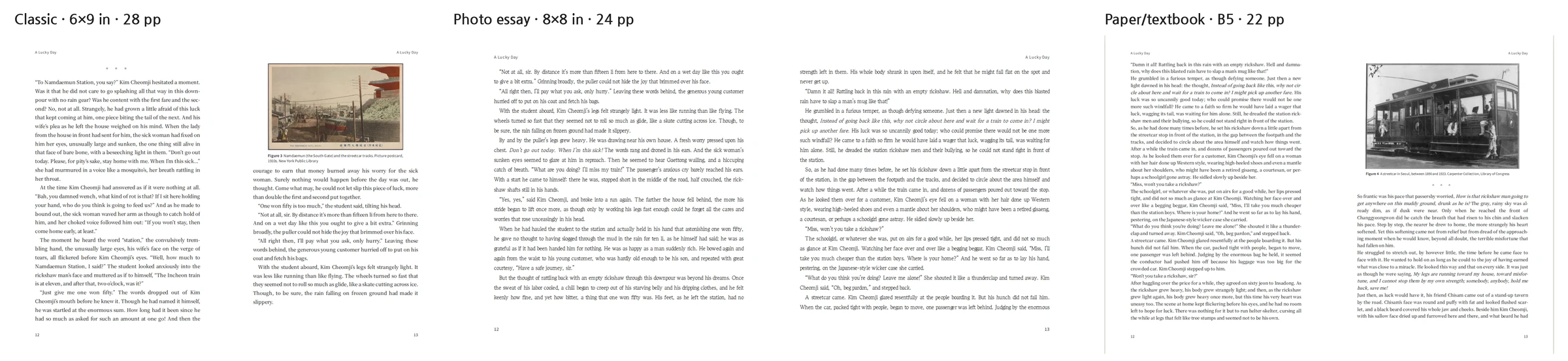 The same spread from the same manuscript and photos, bound with three presets. Left, “Classic · 6×9 in · 28 pp”: serif body text with generous leading. Center, “Photo essay · 8×8 in · 24 pp”: a square page with a wide text block. Right, “Paper/textbook · B5 · 22 pp”: unindented body text with numbered figures such as “Figure 4”