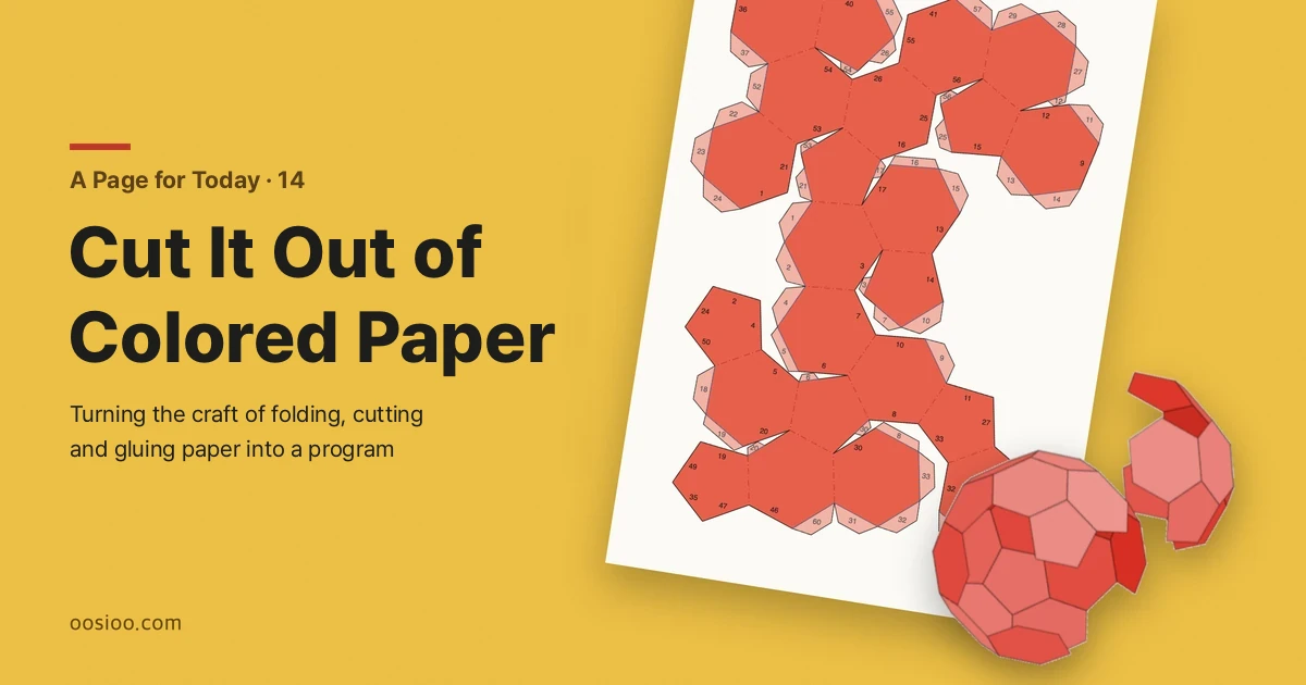 A sheet of A4 printed with a red soccer-ball net lies at an angle on yellow colored paper, and beside it two half-folded pieces of the ball are coming together. On the left is the title "Cut It Out of Colored Paper"