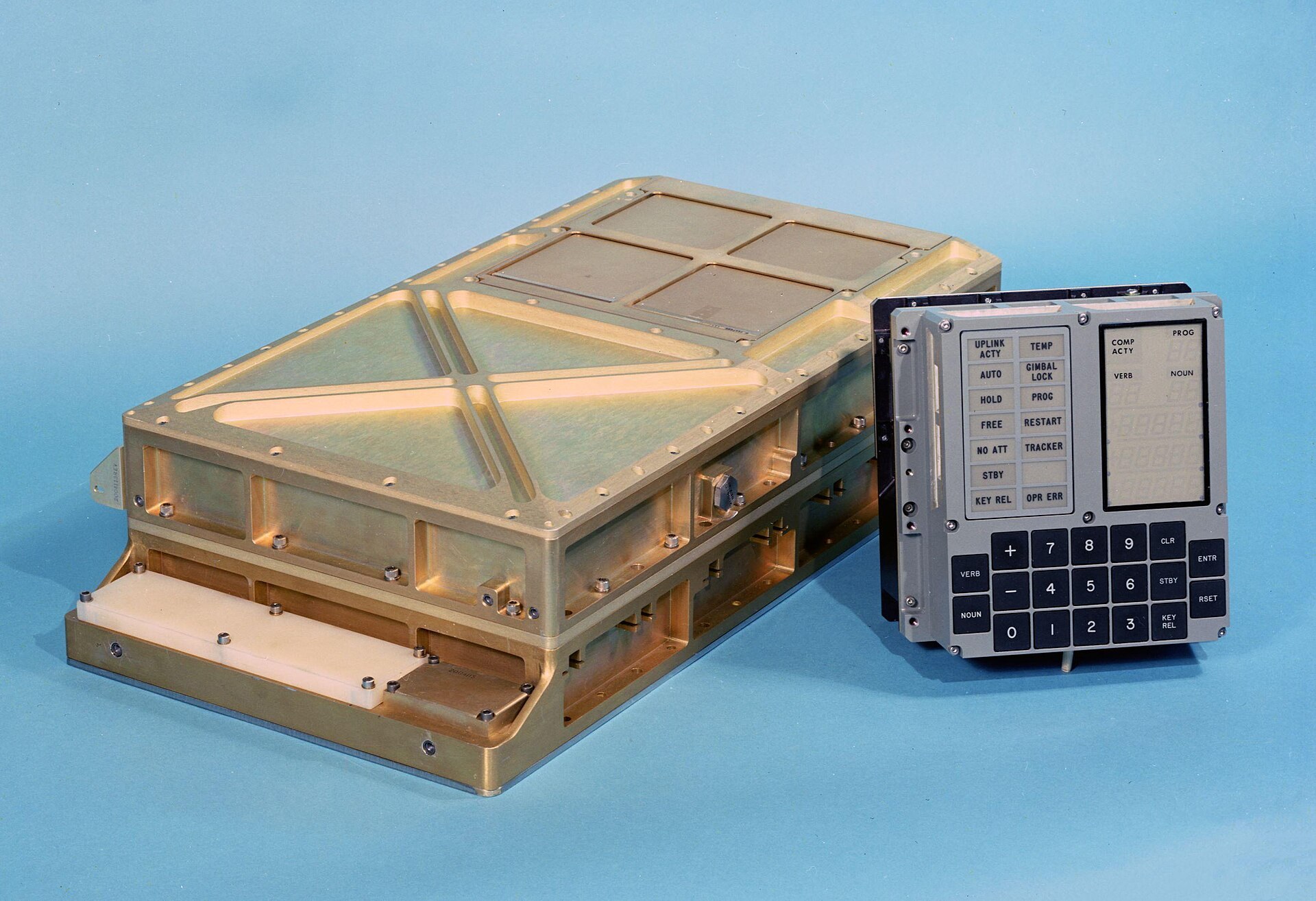 The Apollo Guidance Computer unit (left) and the DSKY control panel with its numeric keypad (right). The navigation calculations that included the Kalman filter ran on machines like these