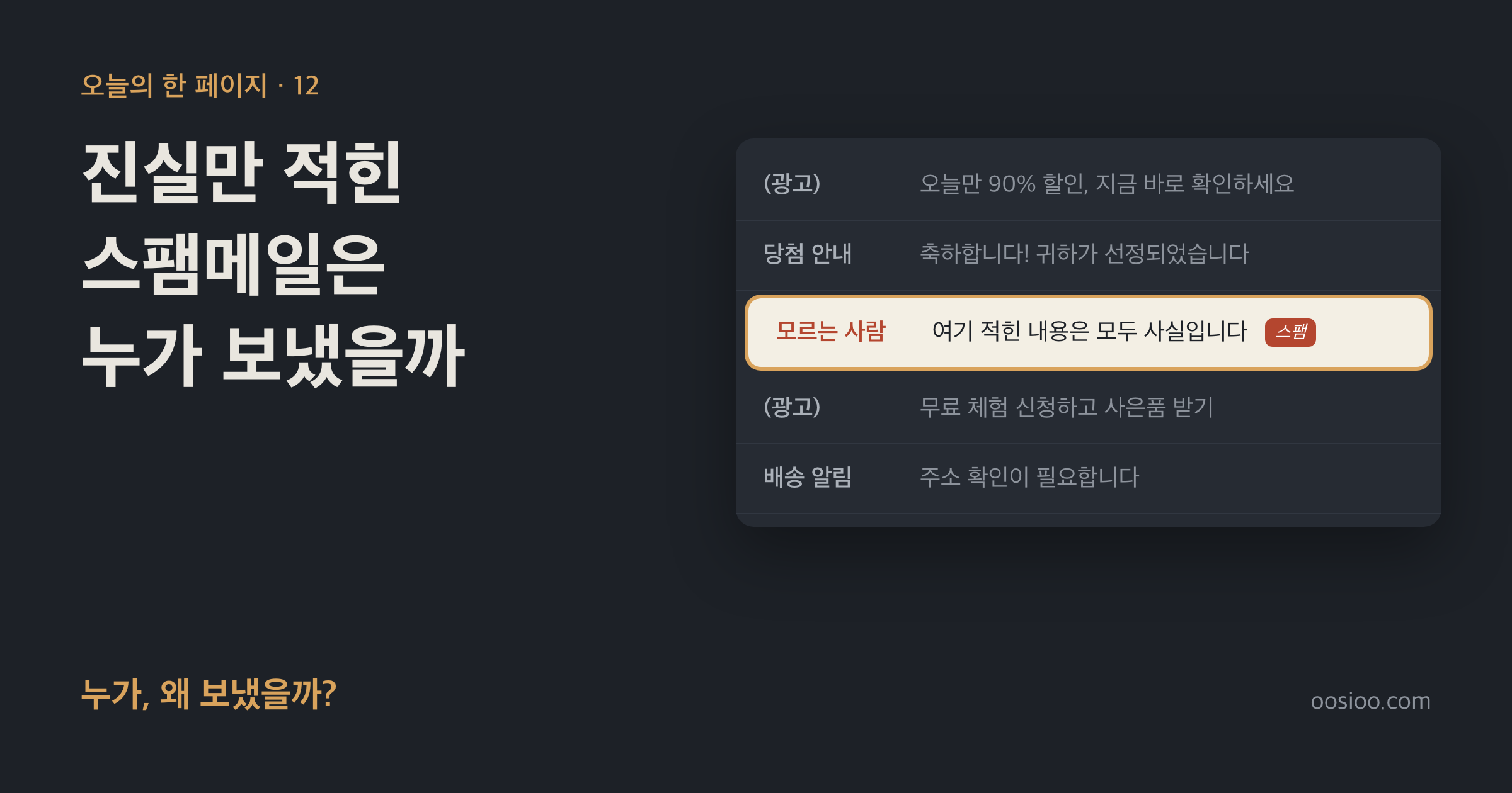 어두운 바탕 왼쪽에 「진실만 적힌 스팸메일은 누가 보냈을까」라는 제목이 있고, 오른쪽에 가상의 받은편지함 목록이 있다. 광고와 당첨 안내 사이에 「모르는 사람 · 여기 적힌 내용은 모두 사실입니다」라는 메일 한 통만 밝게 강조돼 있고 옆에 스팸 꼬리표가 붙어 있다
