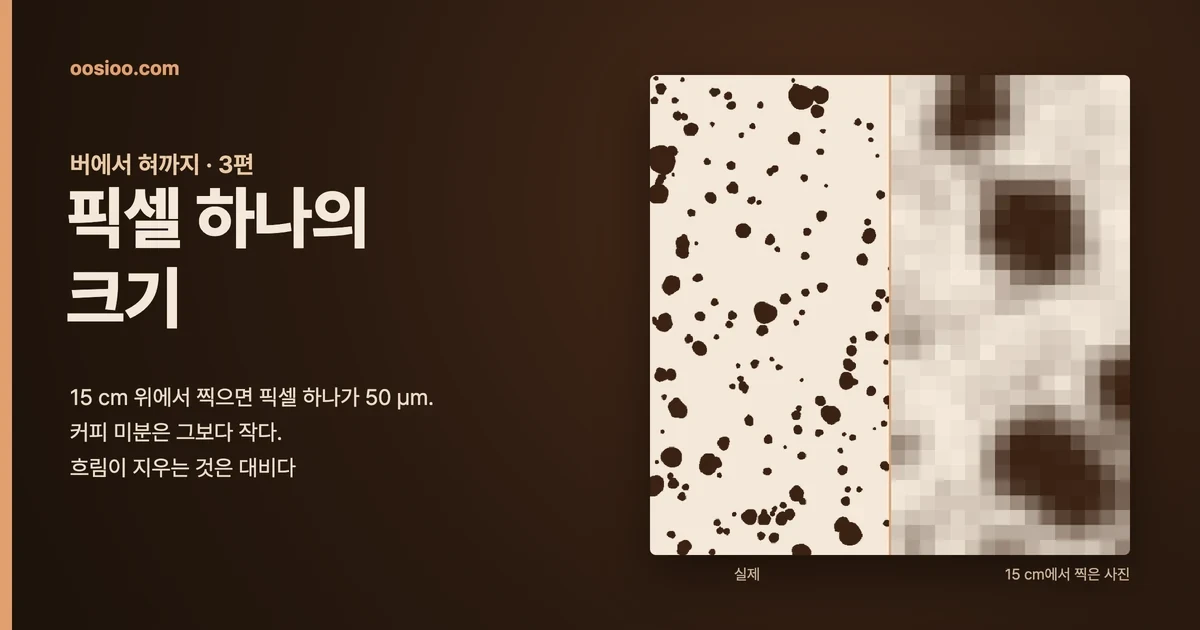 버에서 혀까지 3편 표지. 픽셀 하나의 크기라는 제목 옆에, 커피 가루 확대 그림의 왼쪽 절반은 또렷한 입자, 오른쪽 절반은 15 cm에서 찍은 사진처럼 굵은 픽셀로 뭉개져 있다