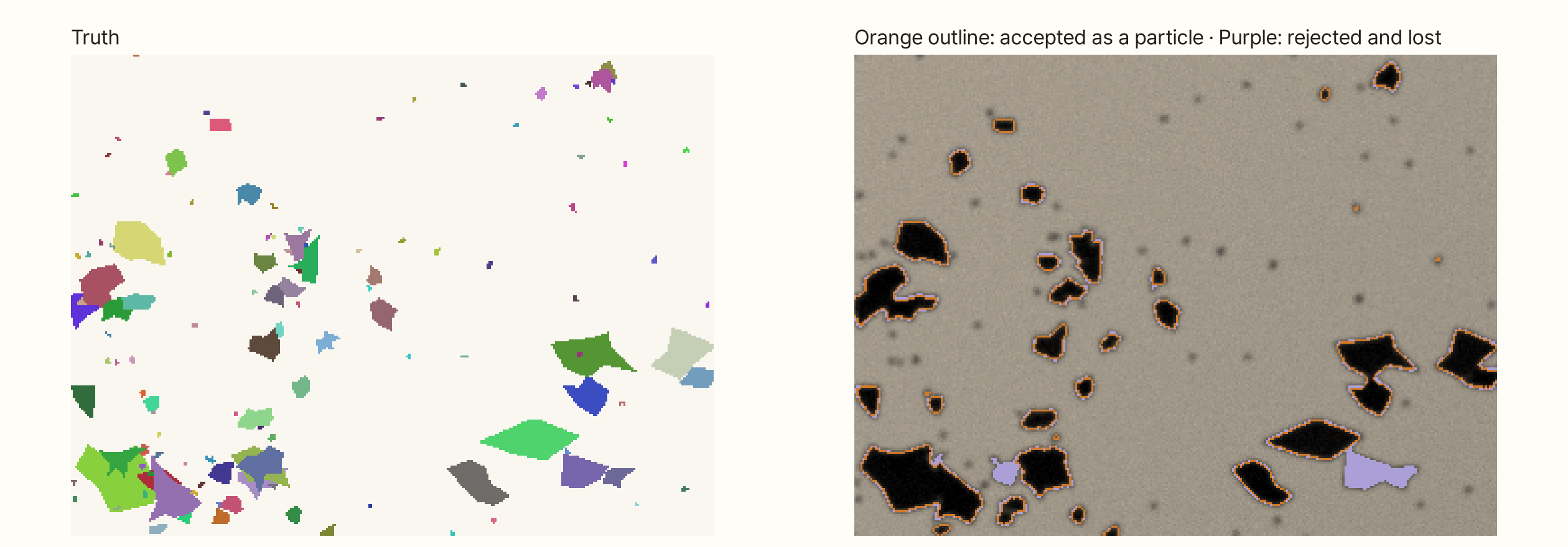 Two panels. On the left is the answer, with each particle in its own colour. On the right, the same spot of the fake photo after coffeegrindsize's breakup: pixels accepted as particles are outlined in orange, and pixels rejected and lost are painted purple. In the blob at the lower right, a whole neighbouring particle that was stuck to a large one has turned purple, and thin purple rims also surround many particles