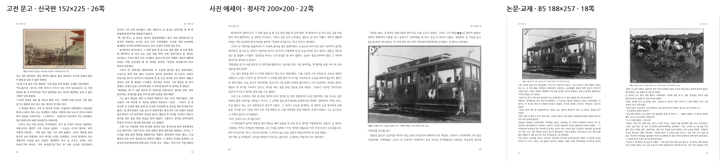 같은 원고, 같은 사진을 짜임 세 가지로 엮은 같은 펼침면. 왼쪽 「고전 문고 · 신국판 152×225 · 26쪽」은 명조 본문에 넓은 행간이다. 가운데 「사진 에세이 · 정사각 200×200 · 22쪽」은 고운바탕 본문에 사진이 판면 폭을 꽉 채운다. 오른쪽 「논문·교재 · B5 · 18쪽」은 들여쓰기 없는 본문에 「그림 3」처럼 번호 붙은 그림이 들어간다