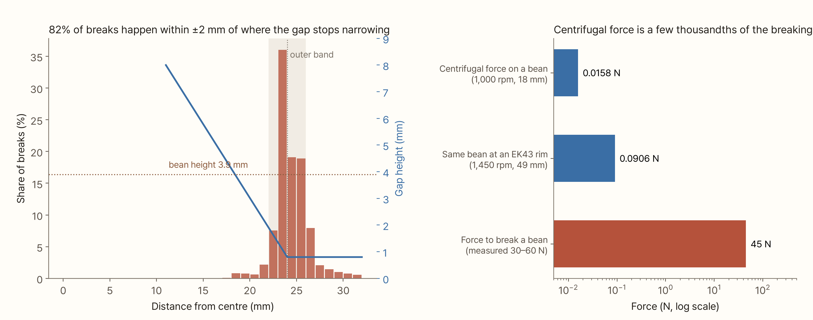 Two charts. On the left, for distance from the centre (0–32 mm), the share of breaks (red bars) and the gap height (blue line). The red bars appear a little around 18 mm, shoot up to 30% just before and after 24 mm where the gap stops narrowing (shaded 22–26 mm), and fall off toward the outer edge. The blue line starts at 8 mm at 11 mm, falls in a straight line to 24 mm, then stays flat at 0.8 mm. A dotted line marks 'bean height 3.9 mm'. The title reads '82% of breaks happen within ±2 mm of where the gap stops narrowing'. On the right, three horizontal bars on a log scale: the centrifugal force on a bean (1,000 rpm, 18 mm) at 0.016 N and on the same bean at an EK43 rim (1,450 rpm, 49 mm) at 0.091 N are blue; the force to break a bean (measured 30–60 N) is a red bar at 45 N