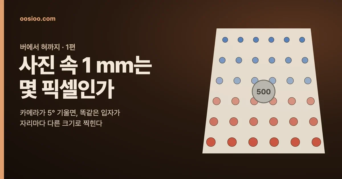 버에서 혀까지 1편 표지. 사진 속 1 mm는 몇 픽셀인가라는 제목 옆에, 기울어진 종이 위의 같은 크기 원판들이 위쪽은 파랗게 작게, 아래쪽은 빨갛게 크게 찍혀 있고 가운데 500원 동전이 놓여 있다