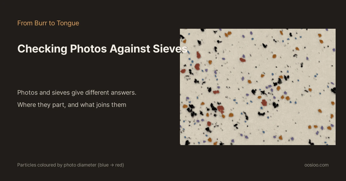 Dark background with the titles "From Burr to Tongue" and "Checking Photos Against Sieves" and the line "Photos and sieves give different answers. Where they part, and what joins them" on the left; on the right, a coffee-grounds photo with particles coloured from blue to red by photo diameter