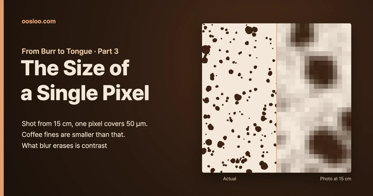 Cover for From Burr to Tongue, Part 3. Beside the title The Size of a Single Pixel, a magnified patch of coffee grounds: the left half shows sharp particles, the right half is smeared into coarse pixels as in a photo taken from 15 cm