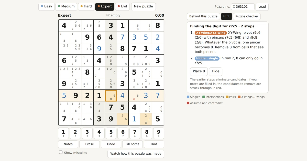 The sudoku generator screen with an Expert puzzle (X-363101): candidates filled in, r7c5 outlined in orange, and a two-step hint on the right, an XY-Wing that removes 8, then a hidden single placing 8 in r7c5