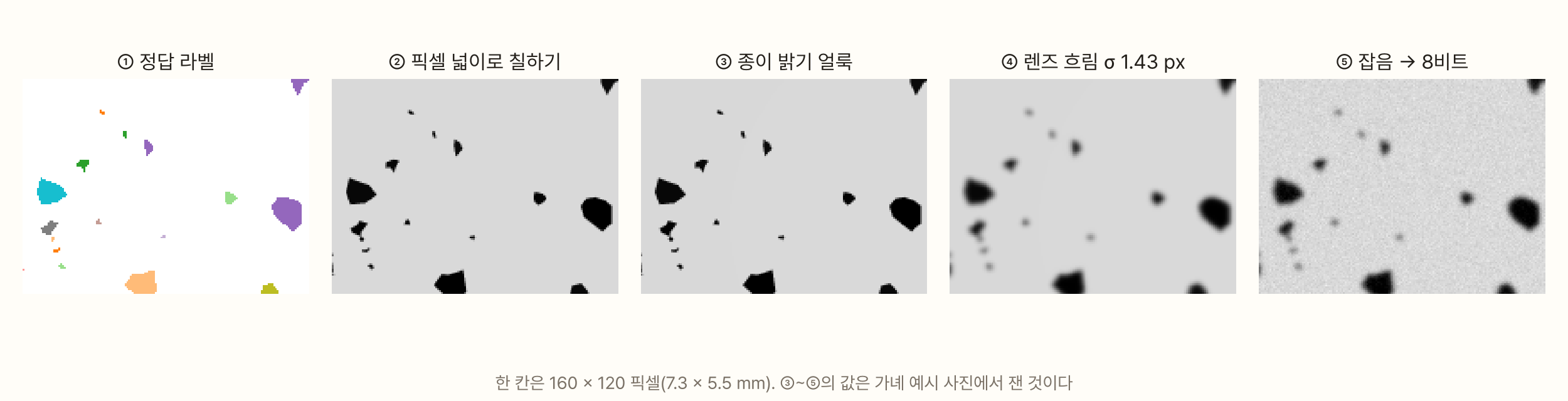 가짜 사진이 만들어지는 다섯 단계를 같은 자리에서 확대한 그림. ① 입자마다 다른 색으로 칠한 정답 라벨, ② 검은 입자가 회색 종이 위에 또렷하게 찍힌 모습, ③ 종이 밝기에 얼룩이 생긴 모습, ④ 가장자리가 흐려진 모습, ⑤ 자글자글한 잡음이 더해진 최종 사진