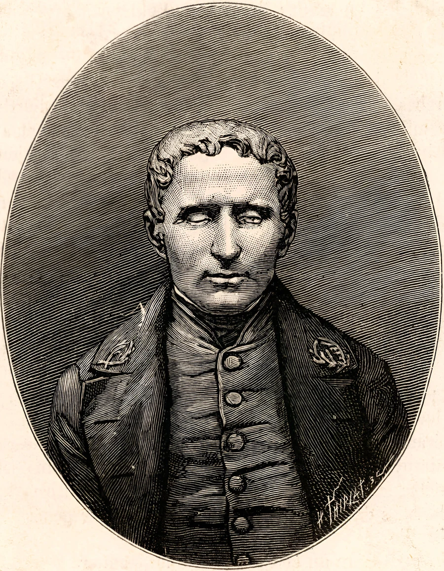 An engraved portrait of Louis Braille. He wears a buttoned coat and faces forward. By Henri Thiriat, 1887