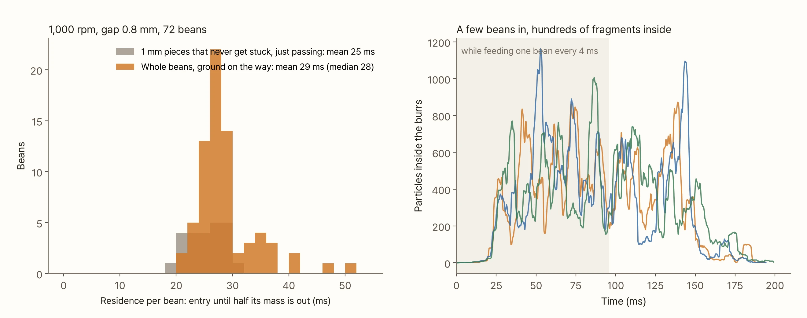 Two charts. On the left, the distribution of residence per bean (entry until half its mass is out). Grey bars (1 mm pieces that never get stuck, just passing) cluster at 20–30 ms with a mean of 25 ms. Orange bars (whole beans, ground on the way) cluster a little to the right with a mean of 29 ms and a median of 28 ms, with a tail out to 50 ms. On the right, time on the horizontal axis and the number of particles inside the burrs on the vertical. The lines from three runs swing between a few hundred and 1,100 while beans are being fed (0–96 ms, shaded) and fall once feeding stops