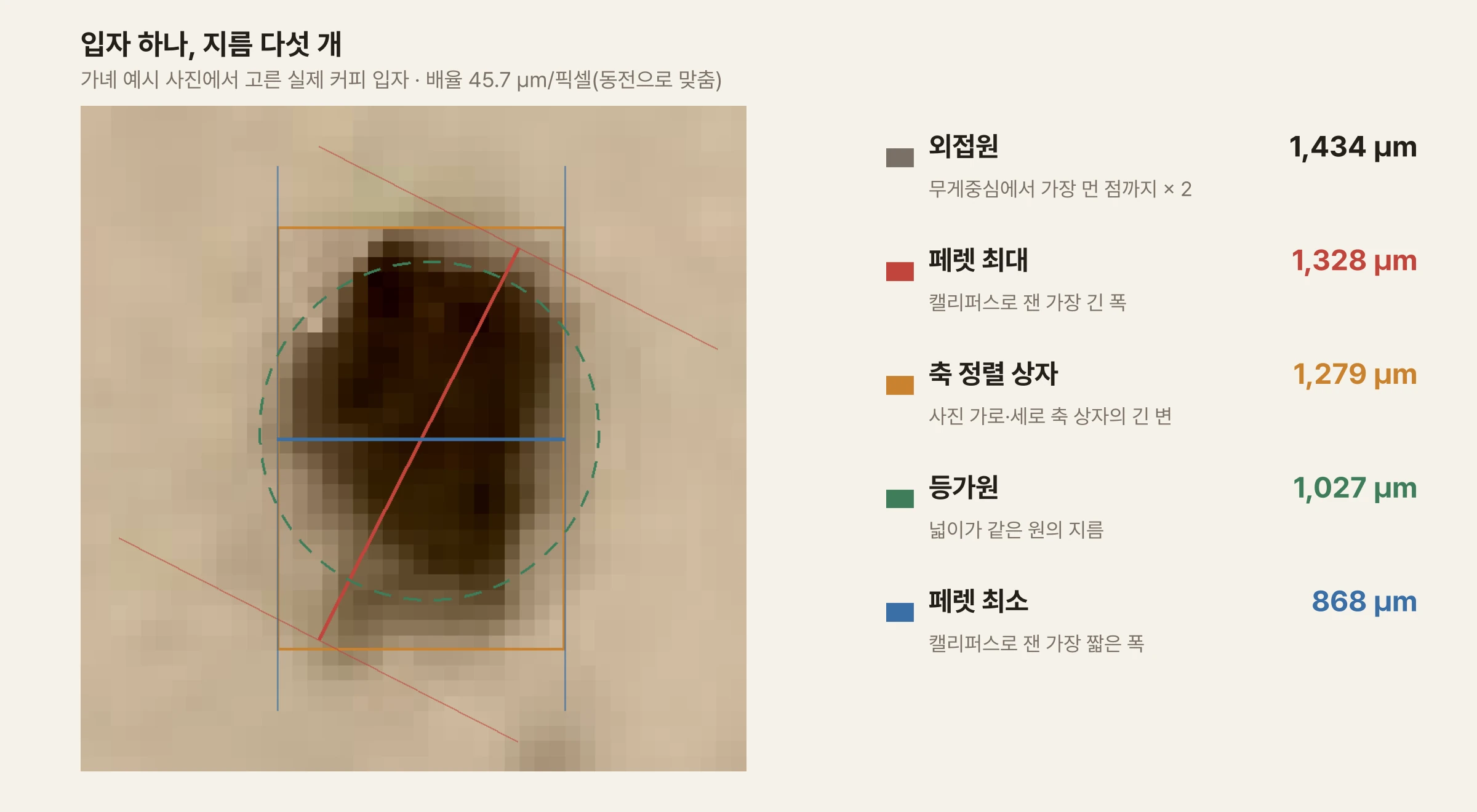 왼쪽은 커피 입자 하나를 픽셀이 보이도록 확대한 사진이다. 그 위에 빨간 선(가장 긴 폭)과 빨간 평행선 두 줄, 파란 선(가장 짧은 폭)과 파란 평행선 두 줄, 초록 점선 원(넓이가 같은 원), 주황 사각형(사진 가로세로 축에 맞춘 상자)이 겹쳐 있다. 오른쪽에는 다섯 가지 지름이 적혀 있다. 외접원 1,434 µm, 페렛 최대 1,328 µm, 축 정렬 상자 1,279 µm, 등가원 1,027 µm, 페렛 최소 868 µm