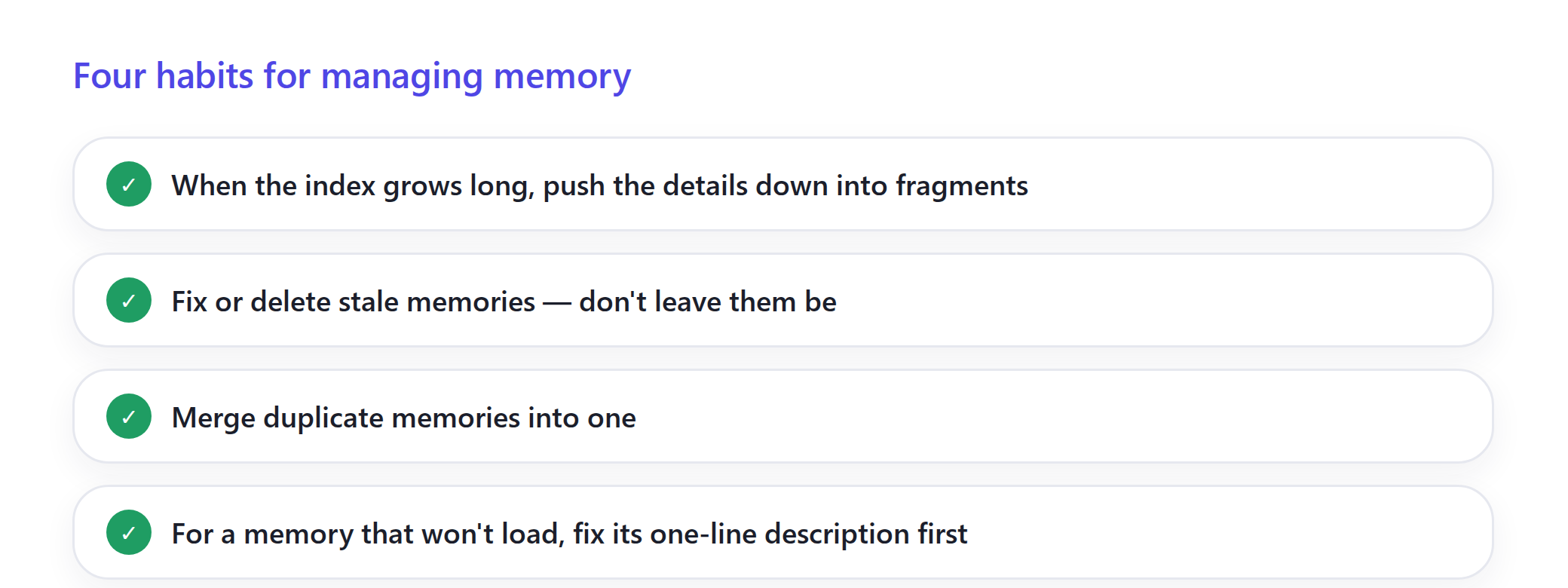 Shrink the index, clean up stale memory, merge duplicates, improve descriptions. A checklist of four memory-management habits