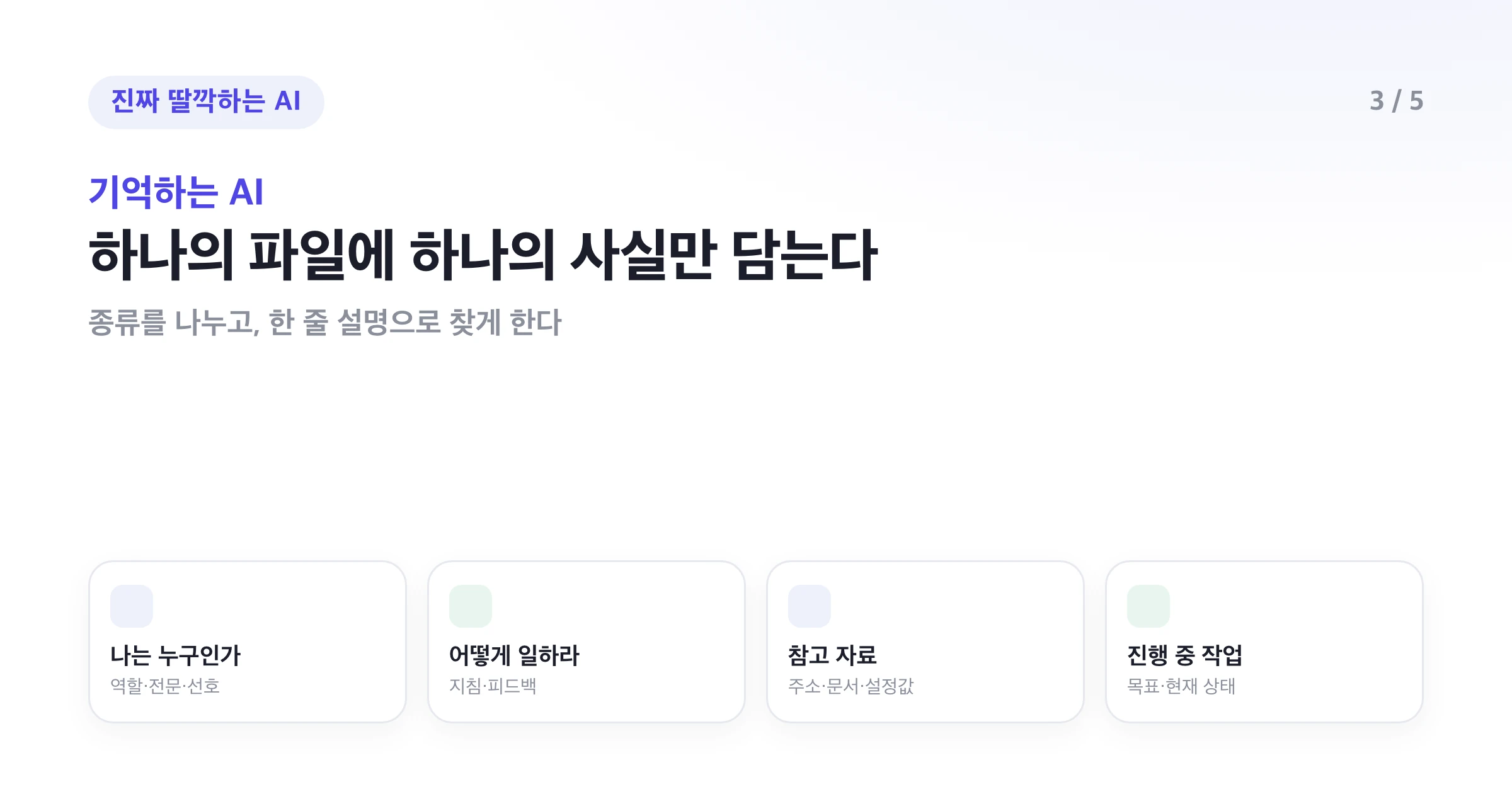 기억의 네 종류를 카드로 나눈 그림. 나는 누구인가, 어떻게 일하라, 참고 자료, 진행 중 작업