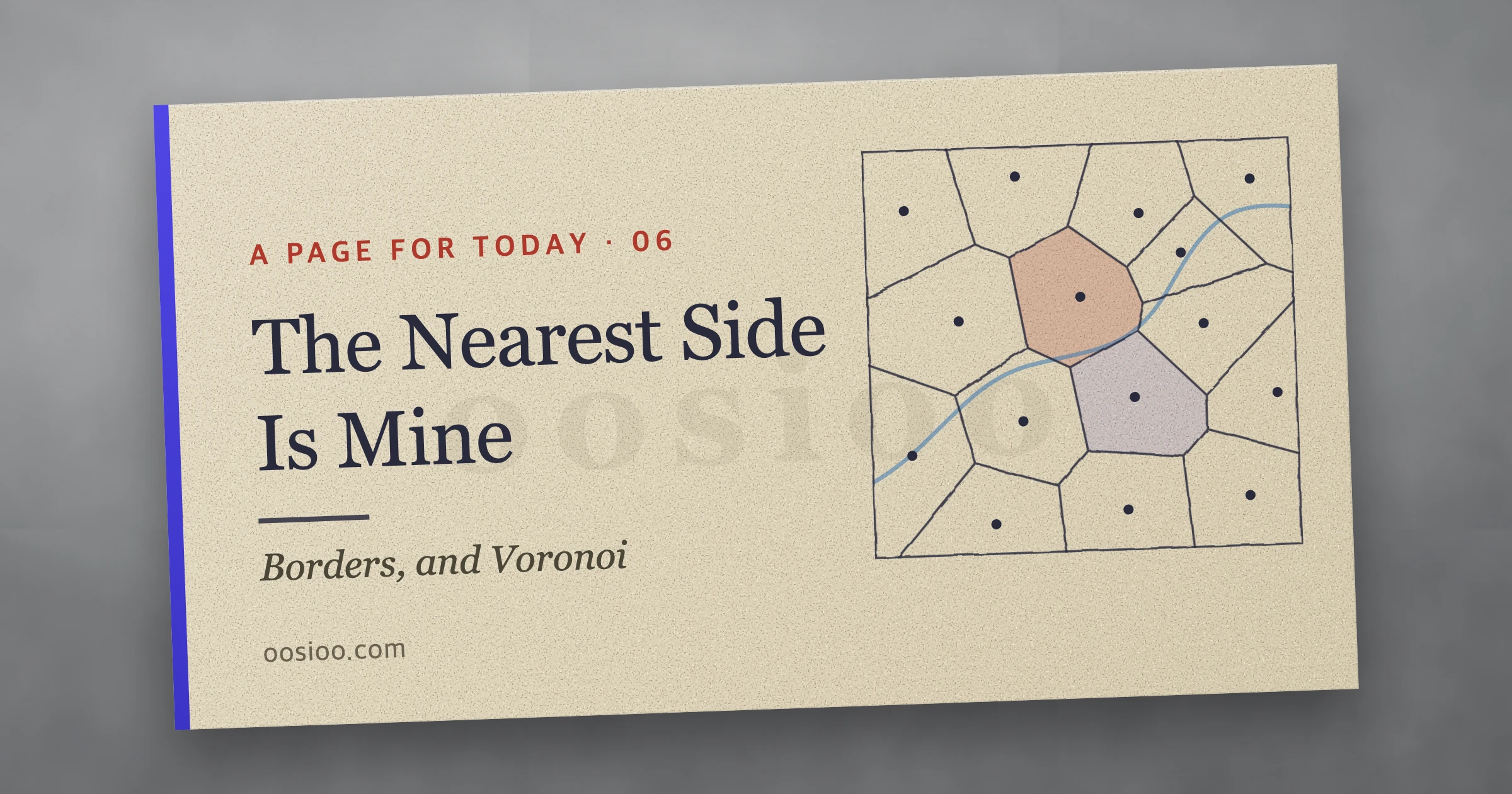 The Nearest Side Is Mine. Place a few points and group each patch of land with the nearest one, and cells appear: borders drawn with a Voronoi diagram