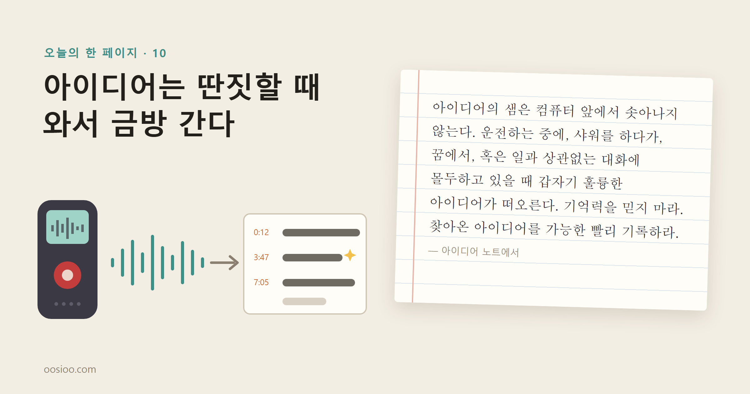 아이디어는 딴짓할 때 와서 금방 간다. 왼쪽에는 녹음기에서 나온 소리 물결이 시각이 붙은 받아쓰기 카드로 바뀌고, 오른쪽에는 줄 노트에 손으로 옮겨 적은 오늘의 문장이 있다