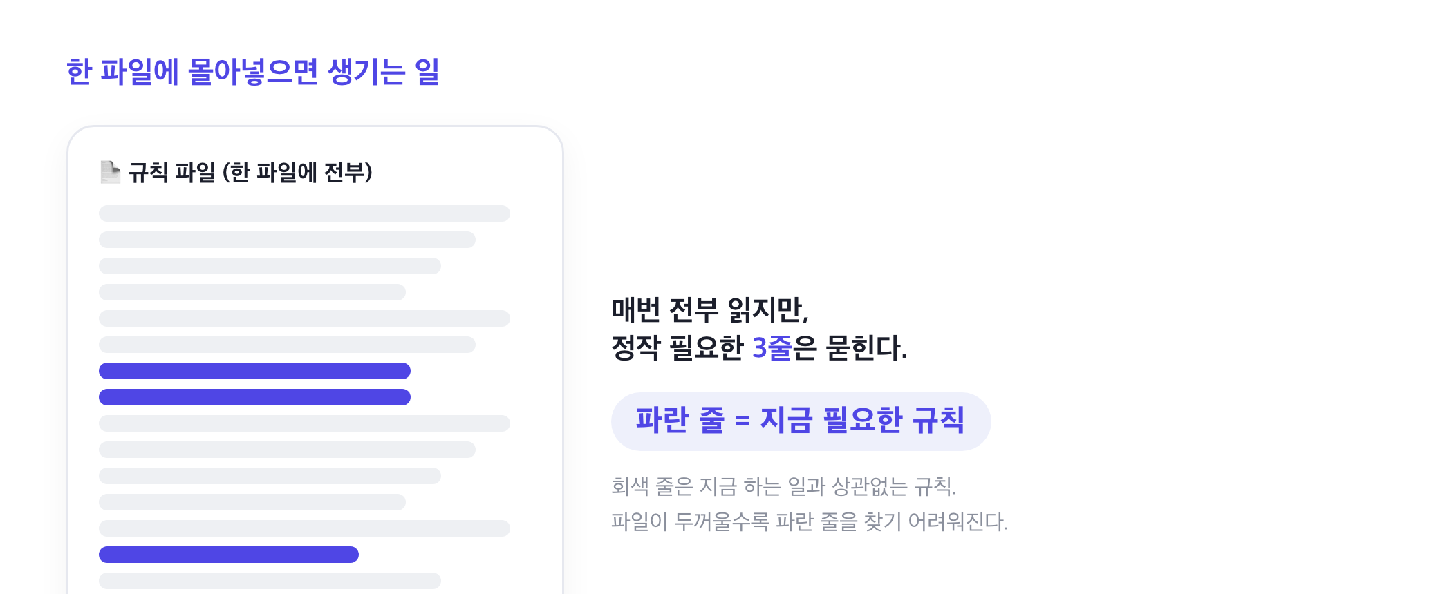 한 파일에 규칙을 전부 몰아넣으면 지금 필요한 세 줄이 무관한 규칙들 사이에 묻히는 모습