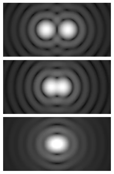 Three rows. In each row, two bright points are recorded as blurry disks. In the top row the disks are far enough apart to look like two. In the middle row they sit at the Rayleigh distance and just barely separate into two peaks with a slight dip between them. In the bottom row they are too close and merge into a single elongated blob