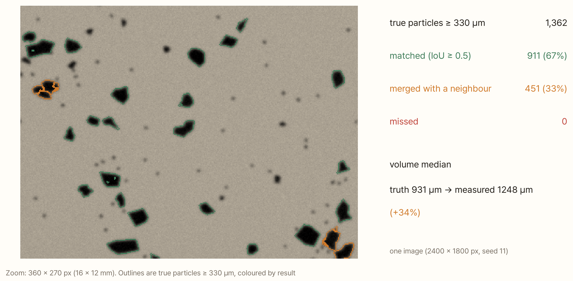 A zoomed part of a fake photo. Most black particles have green outlines (matched); clusters of two or three have orange outlines (merged). On the right: of 1,362 true particles of 330 µm or more, 911 matched (67%), 451 merged (33%), 0 missed; the volume median is 931 µm true and 1,248 µm measured, 34% too large