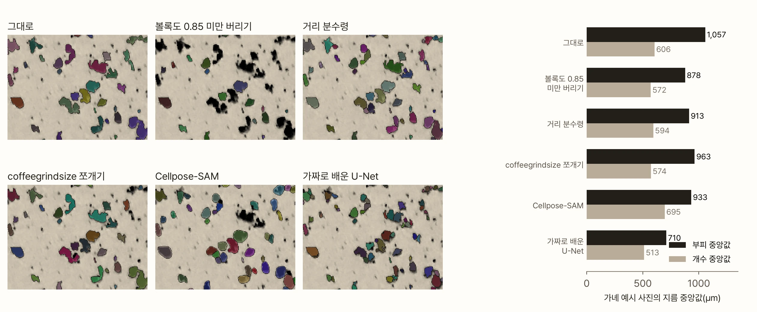왼쪽에 진짜 사진의 같은 부분을 여섯 방법으로 가른 결과가 두 줄로 놓여 있다. 그대로는 붙은 덩어리를 한 색으로 묶고, 볼록도 버리기는 붙은 덩어리를 칠하지 않고 비워 둔다. 거리 분수령과 coffeegrindsize 쪼개기는 일부를 가르고, Cellpose-SAM은 둥근 윤곽을 그리며 몇몇 흐릿한 입자를 크게 감싼다. U-Net은 덩어리를 가장 잘게 가른다. 오른쪽 막대그래프는 가녜 사진 전체의 부피 중앙값과 개수 중앙값으로, 그대로 1,057과 606 µm, 볼록도 버리기 878과 572 µm, 거리 분수령 913과 594 µm, coffeegrindsize 쪼개기 963과 574 µm, Cellpose-SAM 933과 695 µm, U-Net 710과 513 µm다