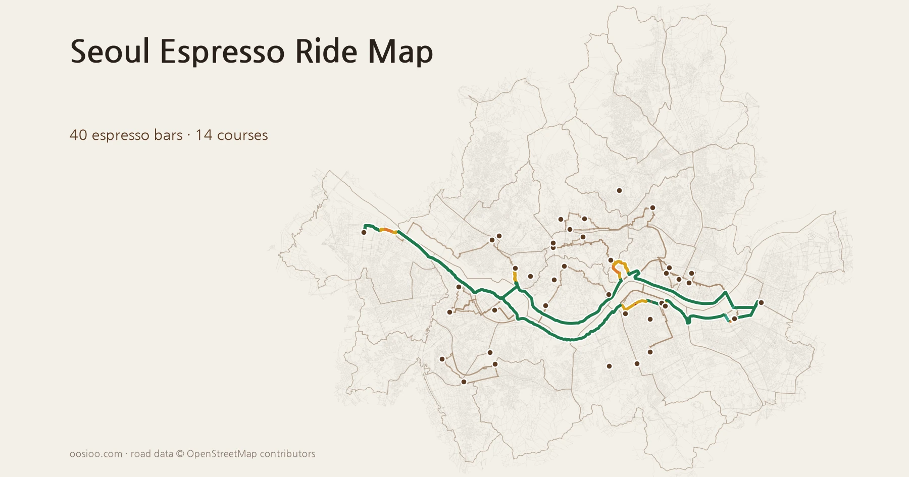 A map of Seoul with a full-day espresso ride course along the Han River bike paths and forty espresso bars, titled Seoul Espresso Ride Map