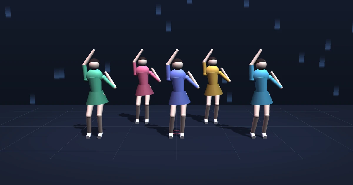 3D 무대에서 같은 색 원피스를 입은 인형 다섯이 한 줄로 서서 같은 동작을 하고 있다. 다섯 모두 오른팔을 머리 위로 굽혀 우산처럼 들고, 왼손은 가슴 앞에 모았다. 뒤쪽 벽에는 파란 빗줄기가 내린다