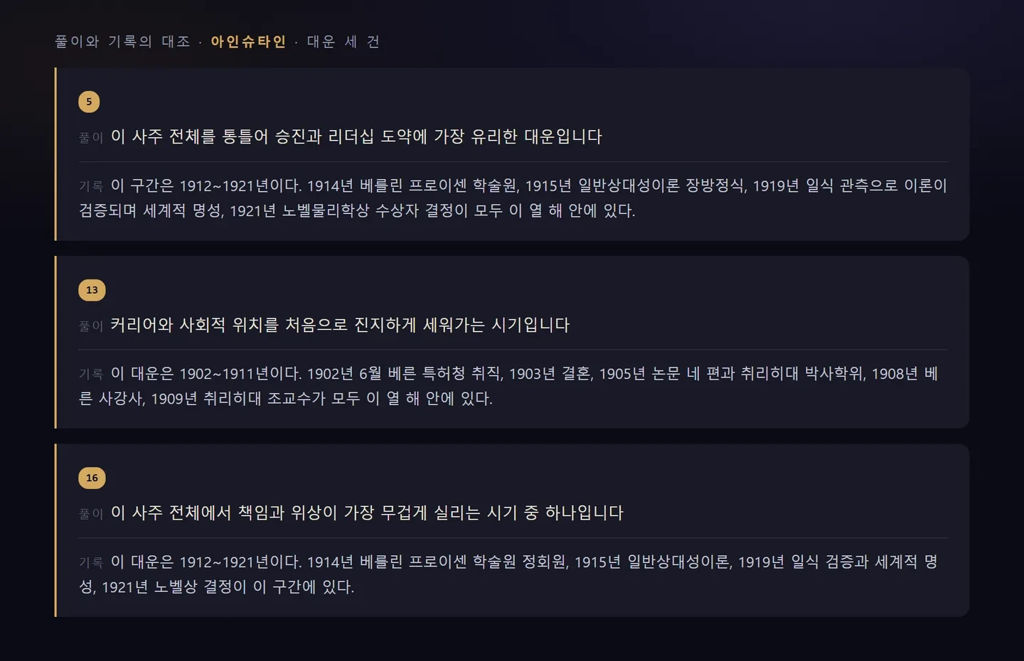 아인슈타인의 대운 세 구간과 실제 연표의 대조.