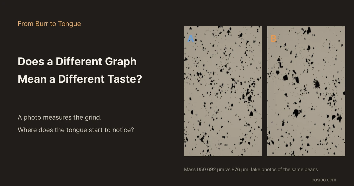 Dark background with the titles "From Burr to Tongue" and "Does a Different Graph Mean a Different Taste?" and the line "A photo measures the grind. Where does the tongue start to notice?" on the left; on the right, fake coffee-grounds photos A and B side by side, with mass D50 of 692 µm and 876 µm