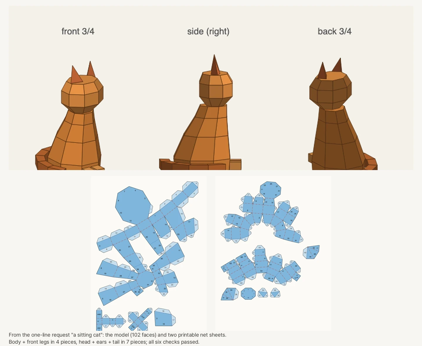 At the top, a sitting low-poly cat seen from the front three-quarter, the side and the back three-quarter. An octagonal head with two pointed ears sits on a cone-like body, and the tail wraps around the body on the ground. Below are two A4 sheets printed with the nets for the body and front paws, and for the head, ears and tail